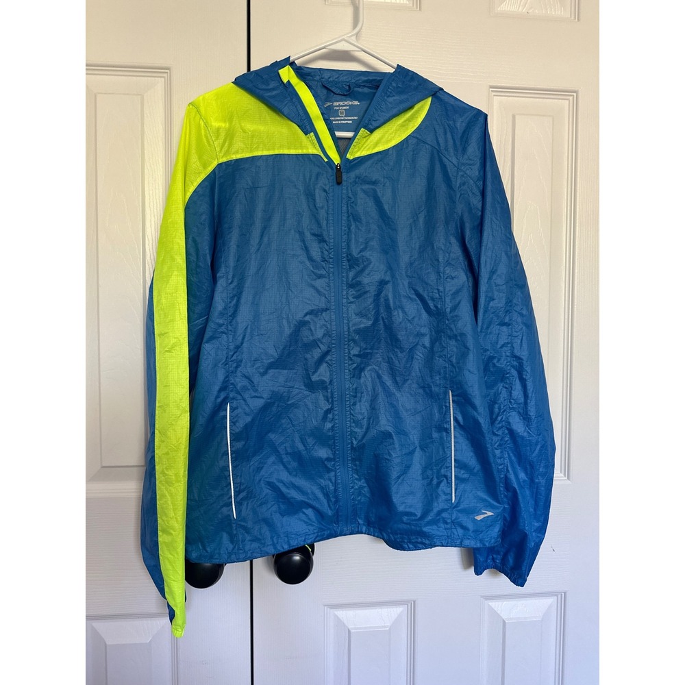 Brooks Shelter Technology Womens Medium Blue Neon Yellow Running Jacket Zip Hood